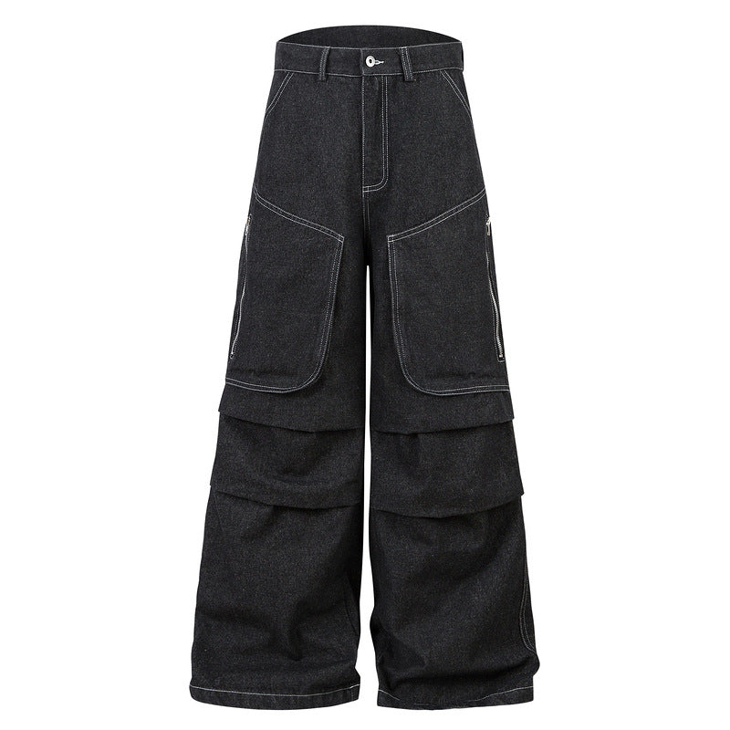 Multi-pocket Pleated Workwear Primary Color Jeans - kinko