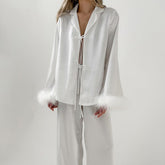 Spring Summer White Cardigan Lace up Feather Long Sleeved Trousers Pajamas Women Can Be Outerwear Homewear