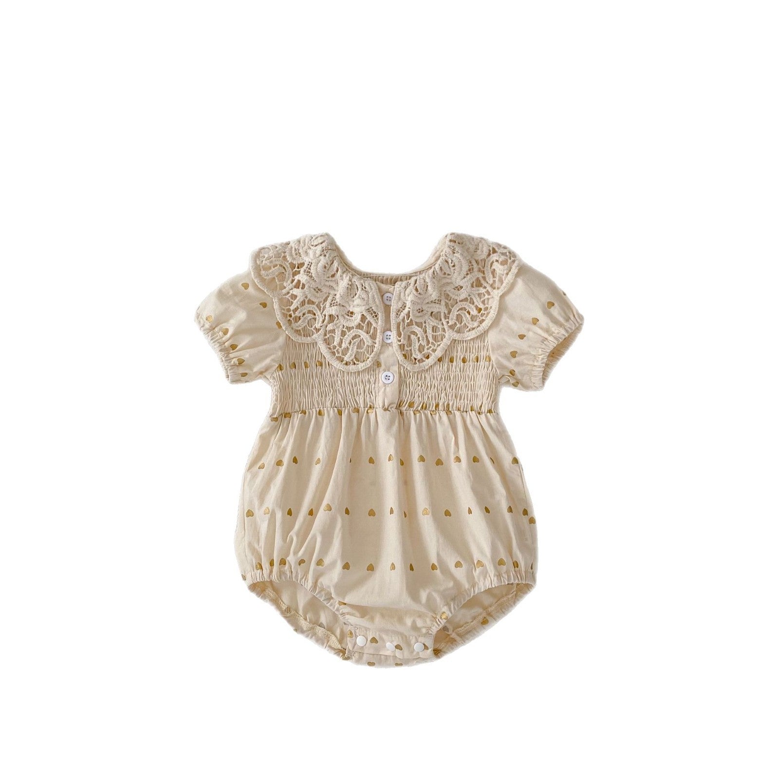 Big Lace Lapel Heart Printing Short Sleeved Kazakhstan Young Baby Girl Onesie Jumpsuit - kinko