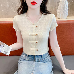 Hollow Out Short Sleeved Chinese Style New Chinese Style Top - kinko