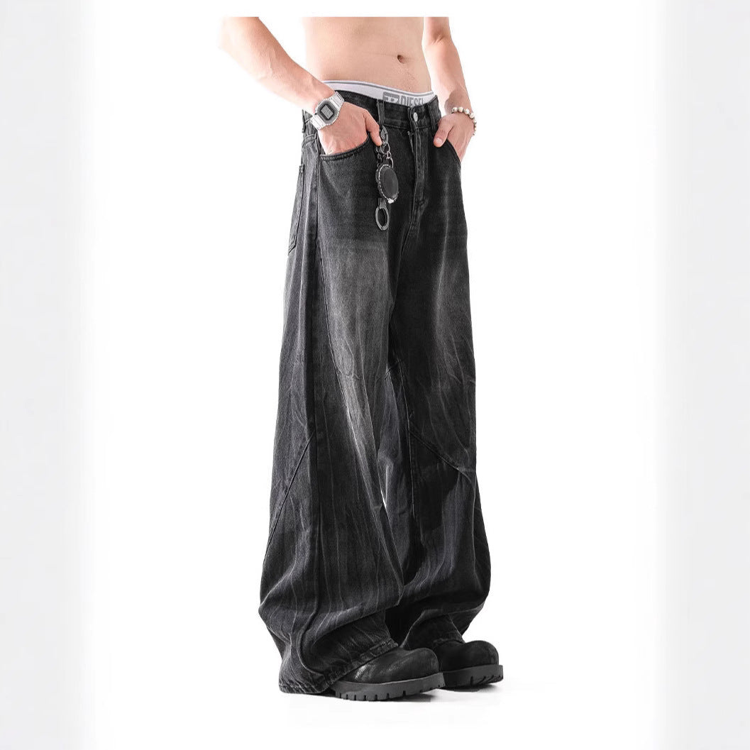 Lightning Pattern Washed Straight Jeans Men - kinko