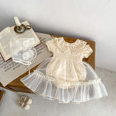 Big Lace Lapel Heart Printing Short Sleeved Kazakhstan Young Baby Girl Onesie Jumpsuit - kinko