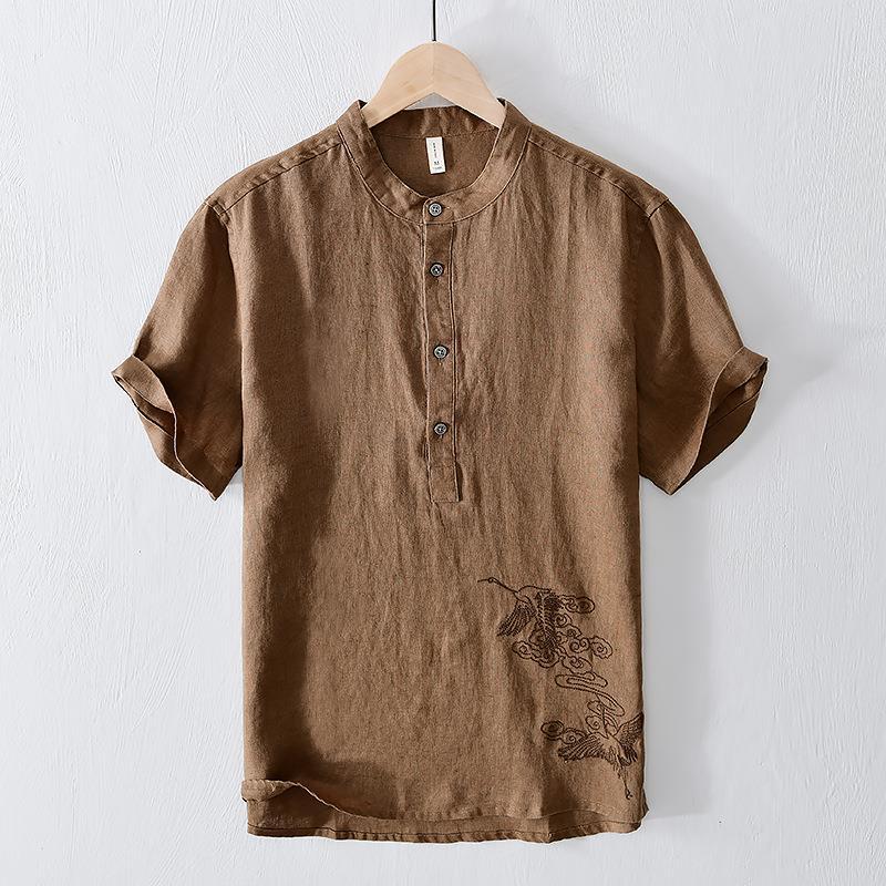 National Men's Embroidered Breathable Solid Color Short Sleeve - kinko