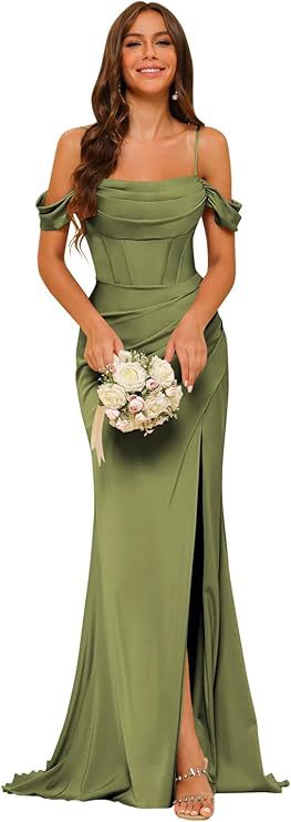Off-the-shoulder Satin Bridesmaid Corset Ball Gown - kinko