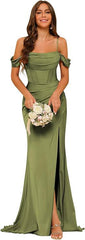 Off-the-shoulder Satin Bridesmaid Corset Ball Gown - kinko