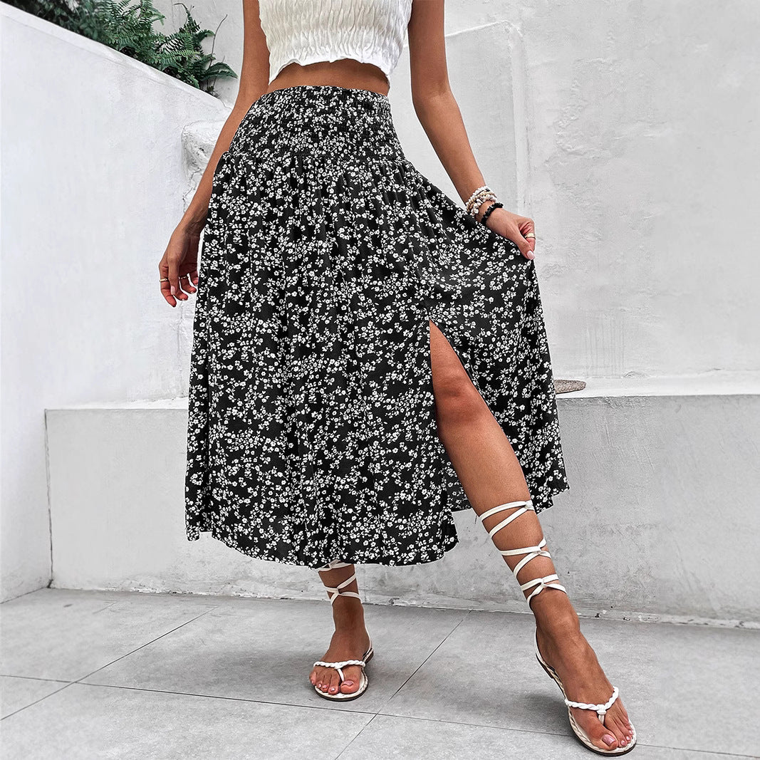 European And American Women's Clothing Casual Holiday Floral Print Split Skirt - kinko