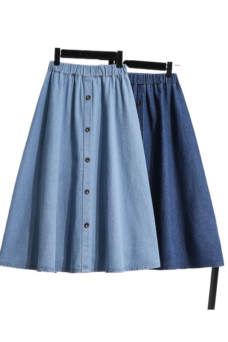 Plus Size Breasted Elastic Waist Blue Denim Skirt - kinko