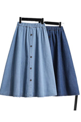Plus Size Breasted Elastic Waist Blue Denim Skirt - kinko
