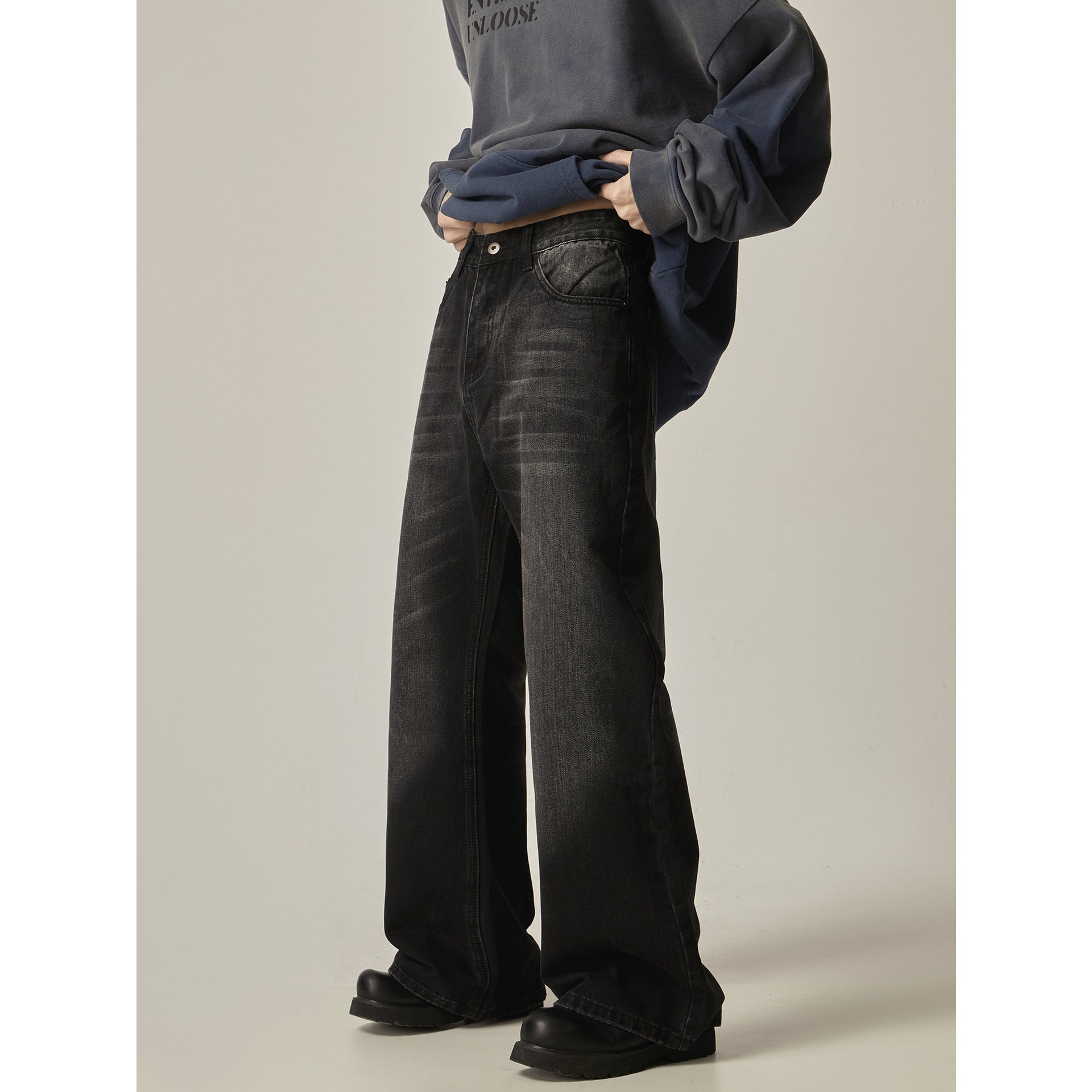 American Retro Black Loose Straight Jeans - kinko