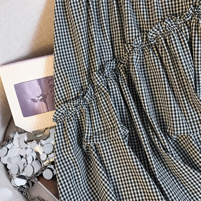 Summer Elastic Waist French Black And White Plaid Irregular A- Line Skirt - kinko