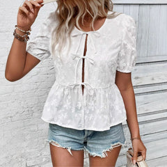 Solid Color Sweet Lace Puff Short Sleeve Shirt - kinko