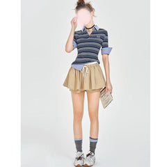 Wear Khaki Low Waist Drawstring Lace Puff Short Skirt - kinko