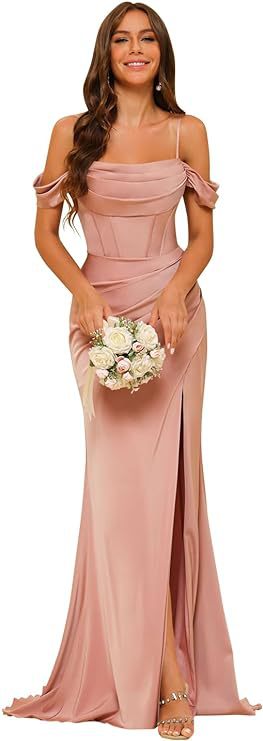 Off-the-shoulder Satin Bridesmaid Corset Ball Gown - kinko