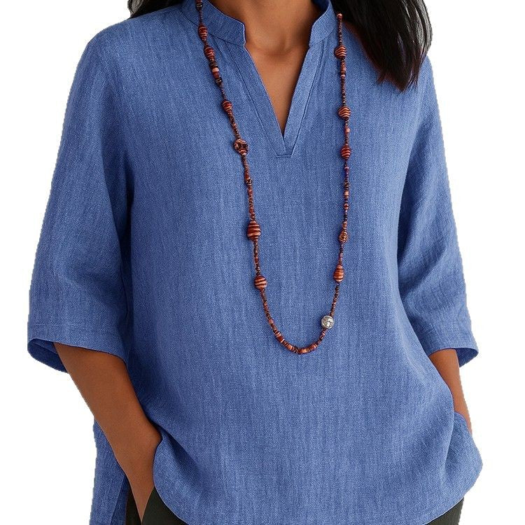 Summer Women's Clothing V-neck 34 Sleeves Cotton And Linen Loose Casual Shirt - kinko