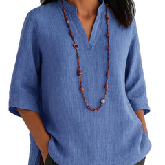 Summer Women's Clothing V-neck 34 Sleeves Cotton And Linen Loose Casual Shirt - kinko