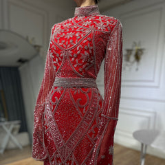 Red High Collar Fishtail Evening Long Dress - kinko