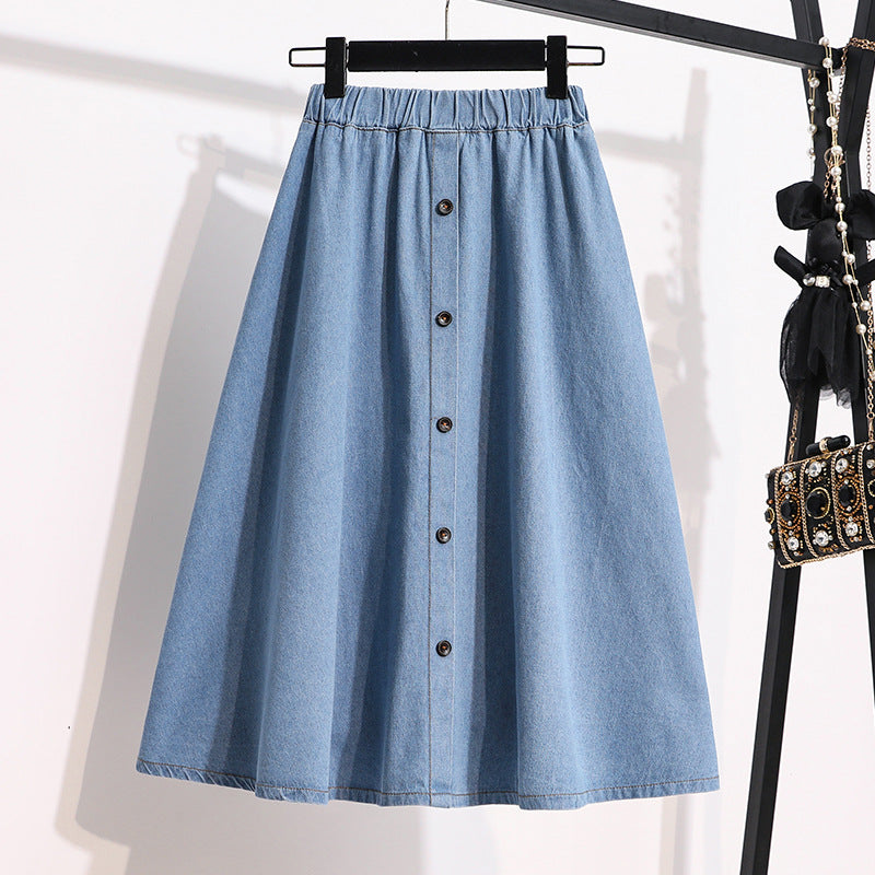 Plus Size Breasted Elastic Waist Blue Denim Skirt - kinko
