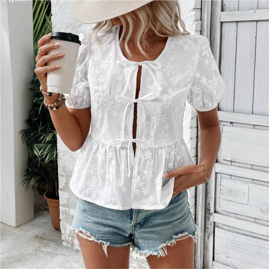 Solid Color Sweet Lace Puff Short Sleeve Shirt - kinko
