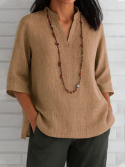 Summer Women's Clothing V-neck 34 Sleeves Cotton And Linen Loose Casual Shirt - kinko