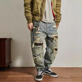 Jeans Men's Loose Straight Tapered Distressed Broken Holes Pants - kinko