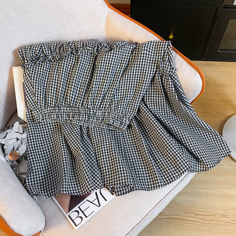 Summer Elastic Waist French Black And White Plaid Irregular A- Line Skirt - kinko