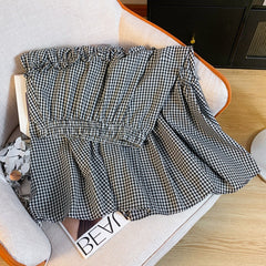 Summer Elastic Waist French Black And White Plaid Irregular A- Line Skirt - kinko