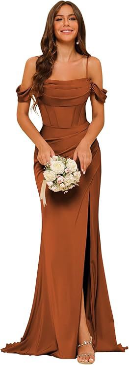 Off-the-shoulder Satin Bridesmaid Corset Ball Gown - kinko