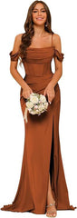 Off-the-shoulder Satin Bridesmaid Corset Ball Gown - kinko