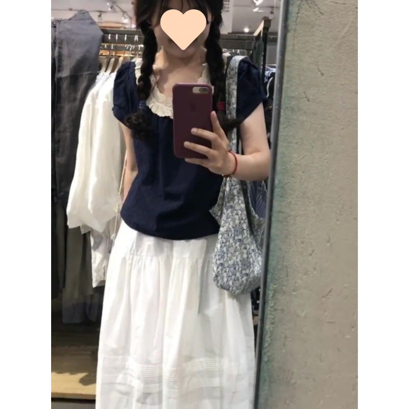 Small Shirt Lace Stitching Elastic Waist Lace Skirt - kinko