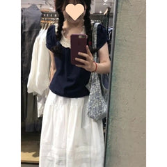 Small Shirt Lace Stitching Elastic Waist Lace Skirt - kinko