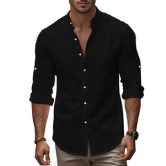Men's Long Sleeve Standing Collar Slim Fit Casual Cotton Shirt - kinko