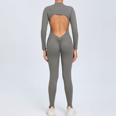 Women's Solid Color Backless Long-sleeve Zipper One-piece - kinko