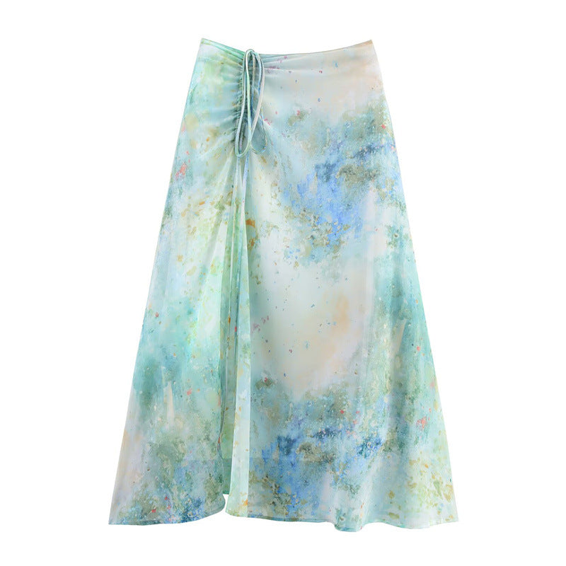 Summer New Blooming Printed Pull-Belt Chiffon Irregular Skirt - kinko