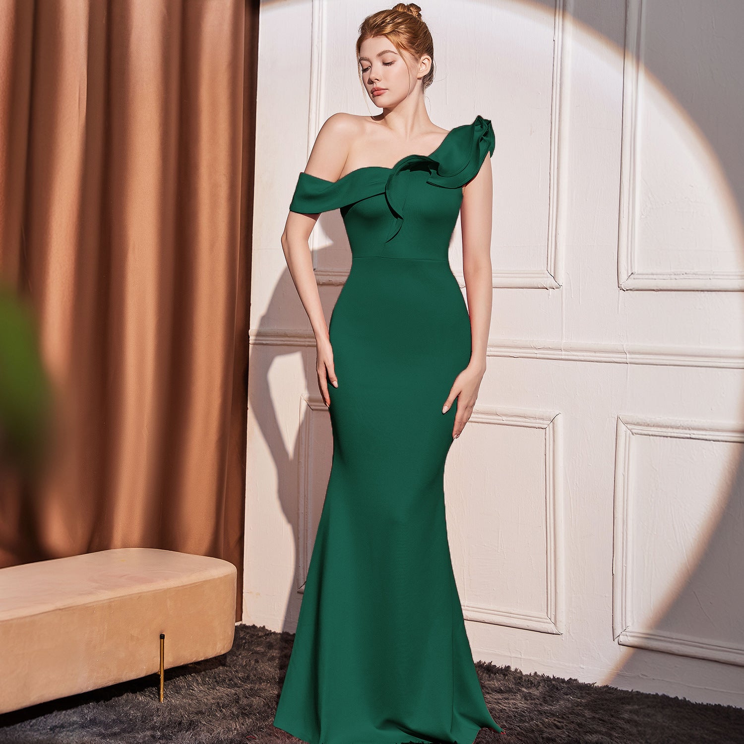 High-end Slant Shoulder Slimming Long Dress - kinko