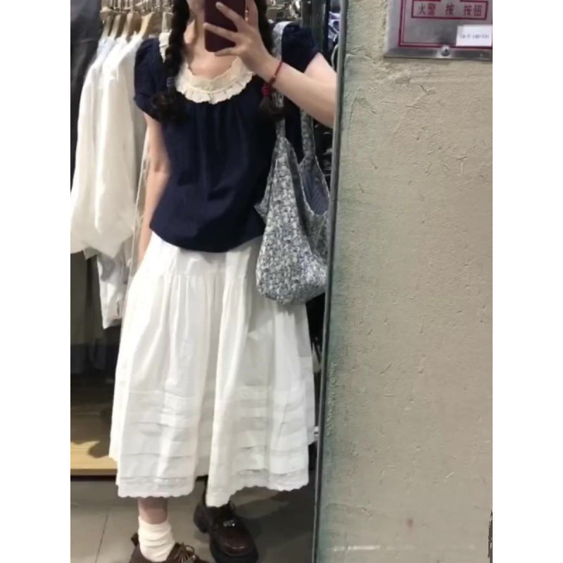 Small Shirt Lace Stitching Elastic Waist Lace Skirt - kinko