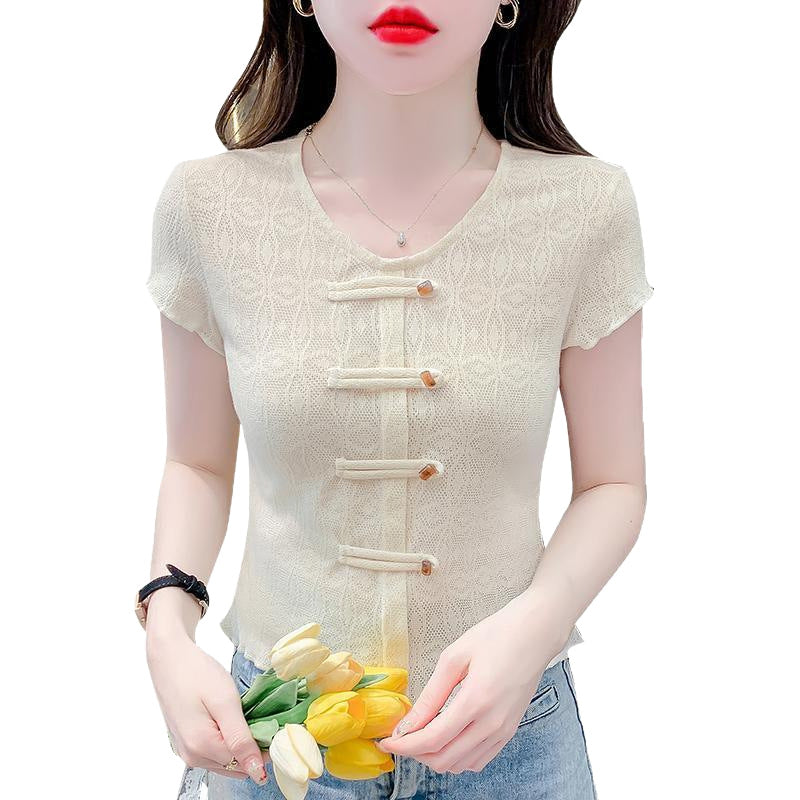 Hollow Out Short Sleeved Chinese Style New Chinese Style Top - kinko