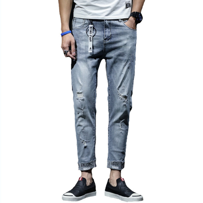 Spring And Summer Ripped Jeans Elastic Small Leg Straight Leg Pants Youth - kinko