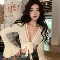 Lace-up Sun Protection Coat For Women Summer Sexy Slim-fit Crop-top - kinko
