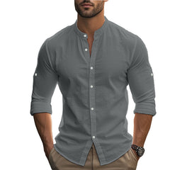 Men's Long Sleeve Standing Collar Slim Fit Casual Cotton Shirt - kinko