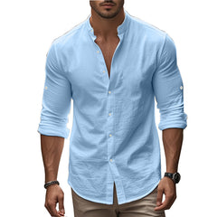 Men's Long Sleeve Standing Collar Slim Fit Casual Cotton Shirt - kinko
