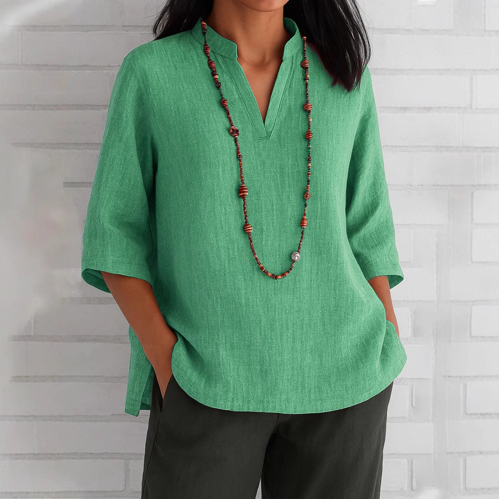 Summer Women's Clothing V-neck 34 Sleeves Cotton And Linen Loose Casual Shirt - kinko