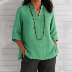 Summer Women's Clothing V-neck 34 Sleeves Cotton And Linen Loose Casual Shirt - kinko