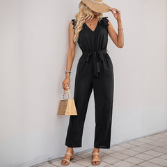 Stitching Lace V-neck Sleeveless Backless Jumpsuit - kinko