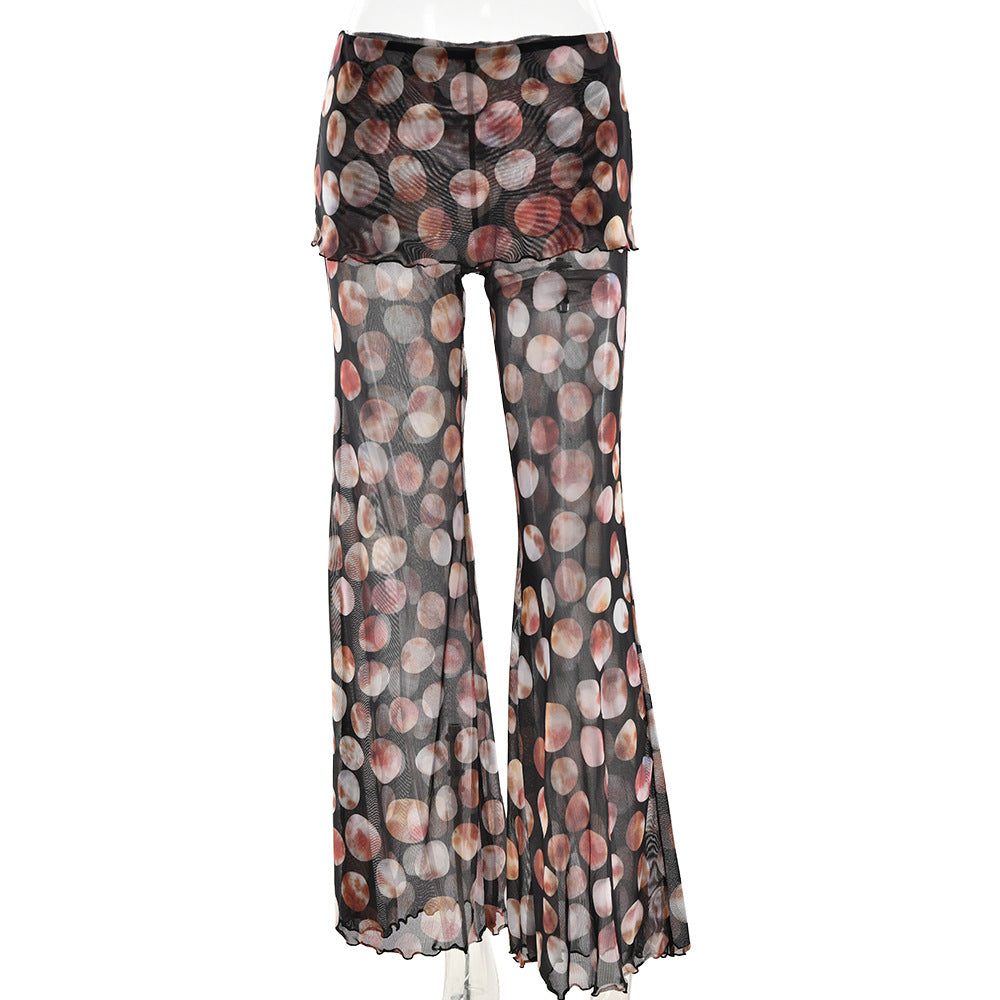 Leopard Print Mesh Floral Print Trousers - kinko