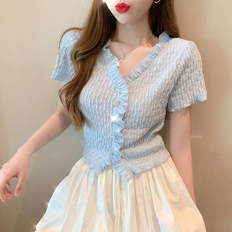 Casual All-match Blue Short-sleeved T-shirt For Women - kinko