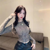 Autumn And Winter Ripped Hollow-out Long-sleeved Bottoming Shirt Inner Wear - kinko