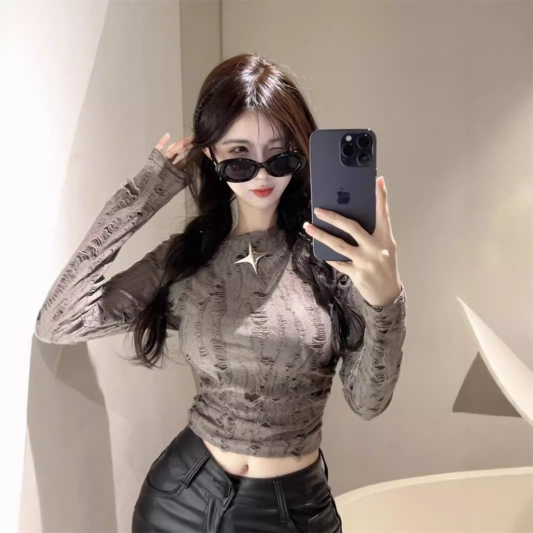 Autumn And Winter Ripped Hollow-out Long-sleeved Bottoming Shirt Inner Wear - kinko