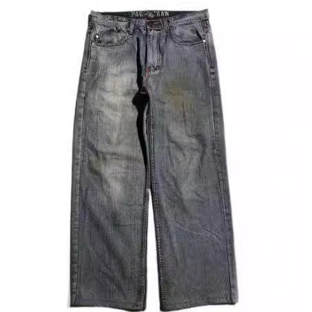 American Retro Worn Looking Washed-out Jeans Men's Wide-leg Workwear Design Casual - kinko