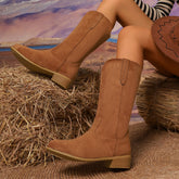 Women’s Suede Mid-Calf Cowboy Boots – Retro Embroidered V-Cut Thick Heel Design