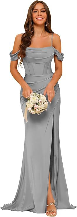 Off-the-shoulder Satin Bridesmaid Corset Ball Gown - kinko